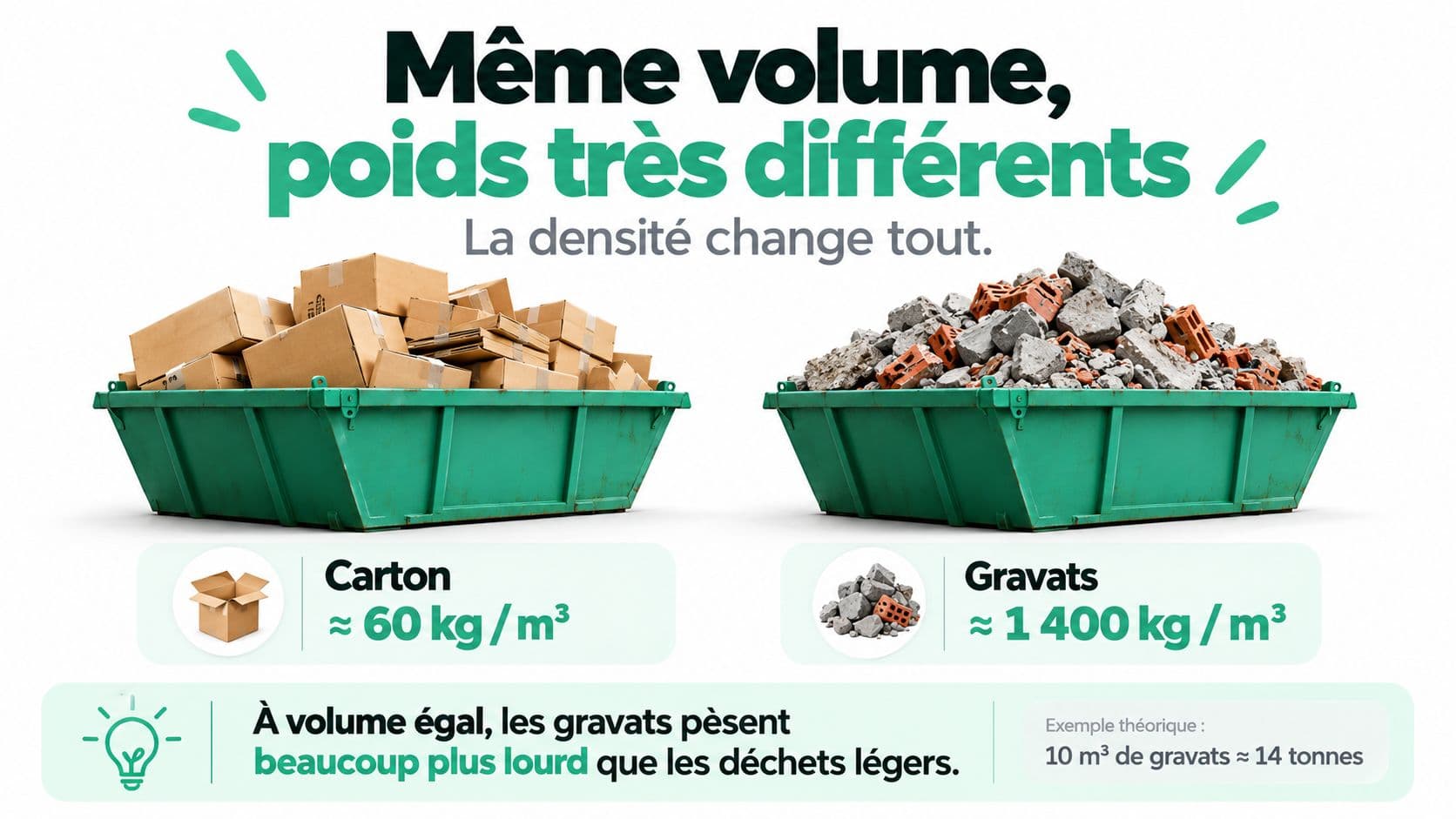 Poids du carton, versus poids des gravats pour même volume