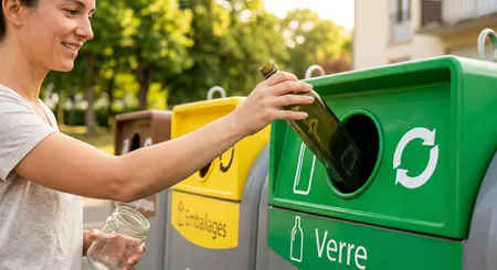 Personne en train de de jeter une bouteille dans une benne verte